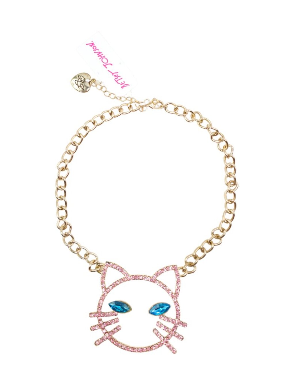 Betsey Johnson Pink & Blue Glass Rhinestone Open Cat Gold Chain Necklace
